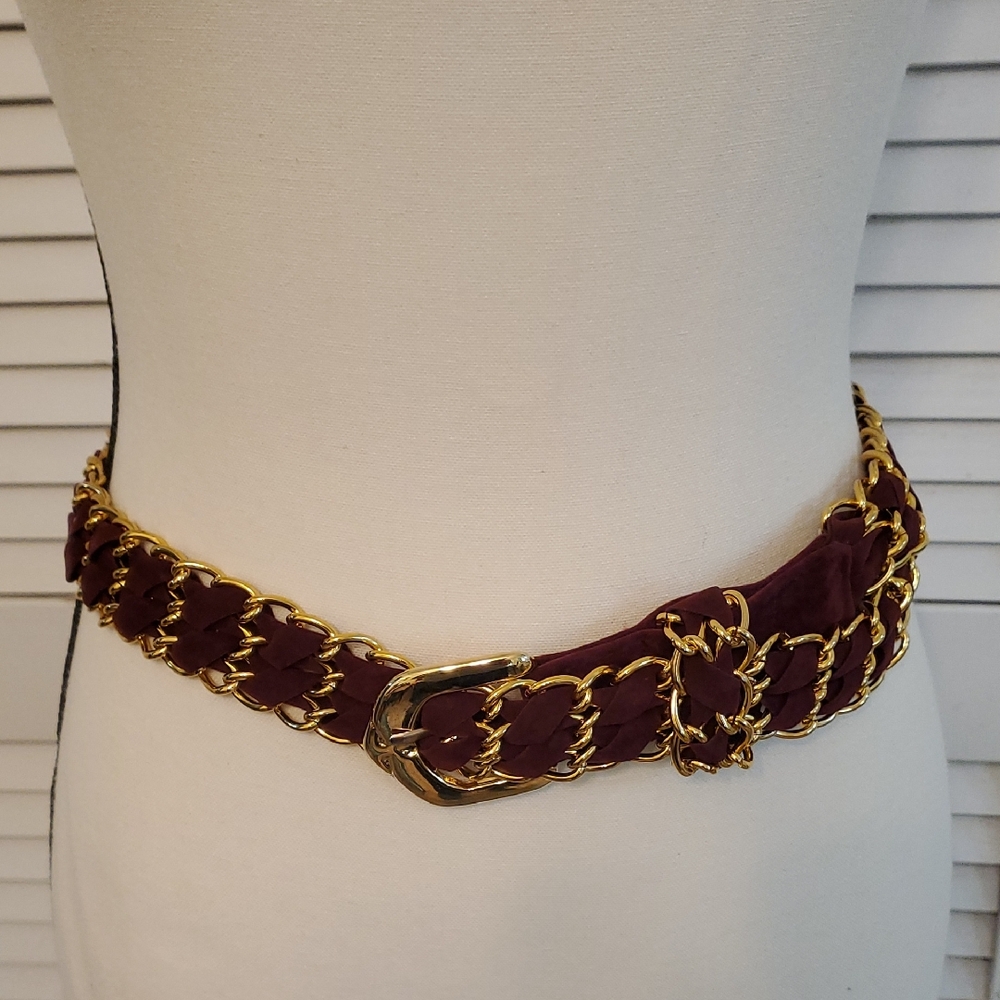 Burgundy and Goldtone Chain Detail Braided Cloth Belt, Size Medium